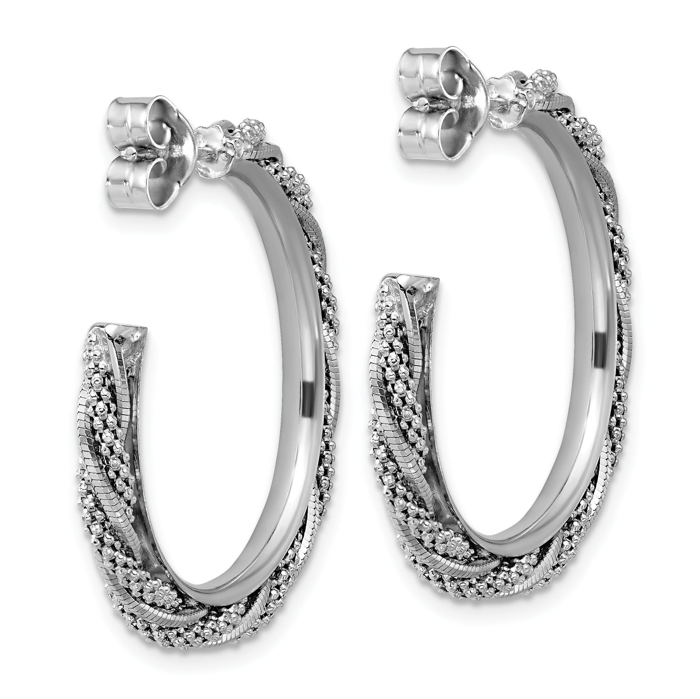 SS RH-plated Polish/Textured Twisted J-Hoop Post Earrings