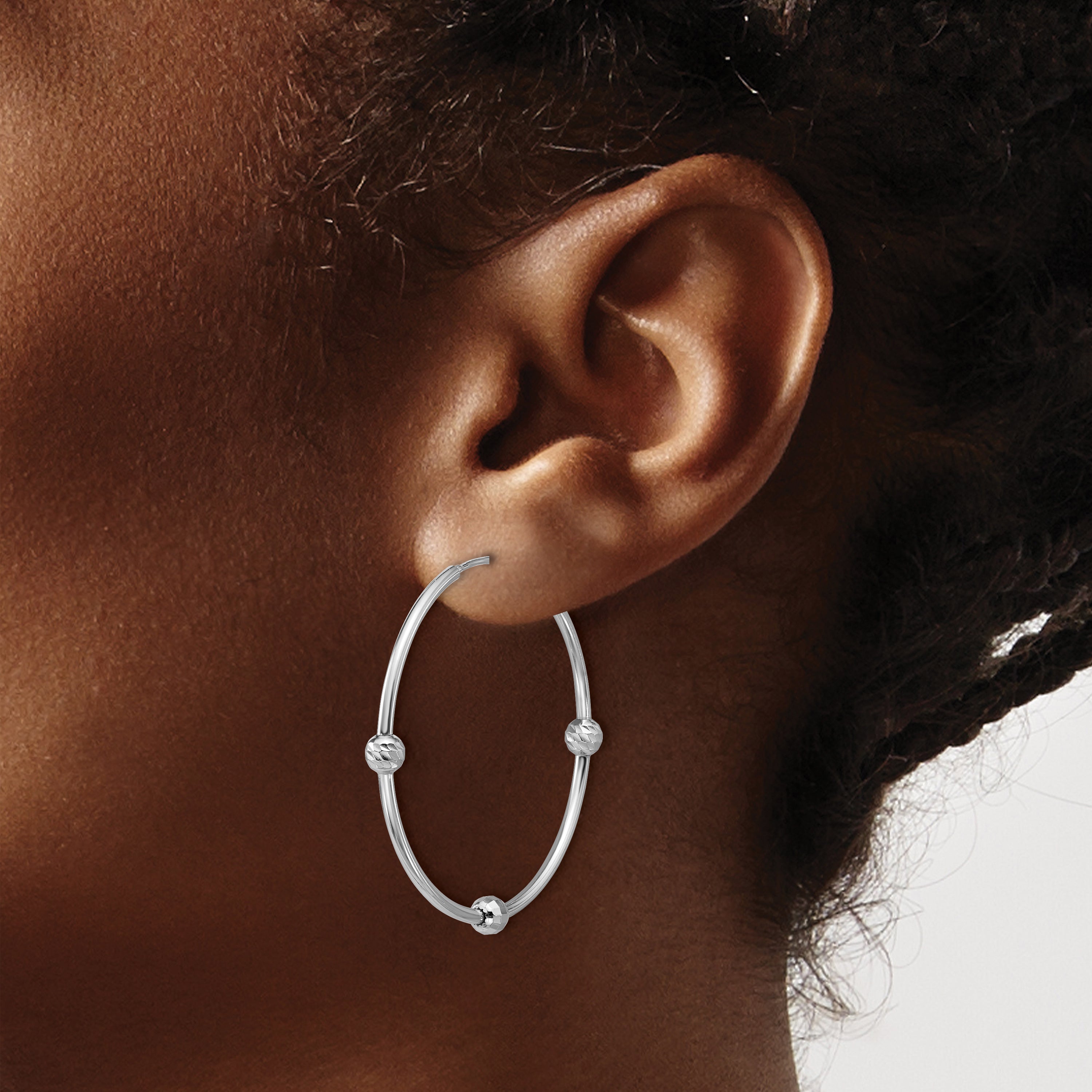 SS RH-plated Polished/Dia-cut Beads Endless Hoop Earrings