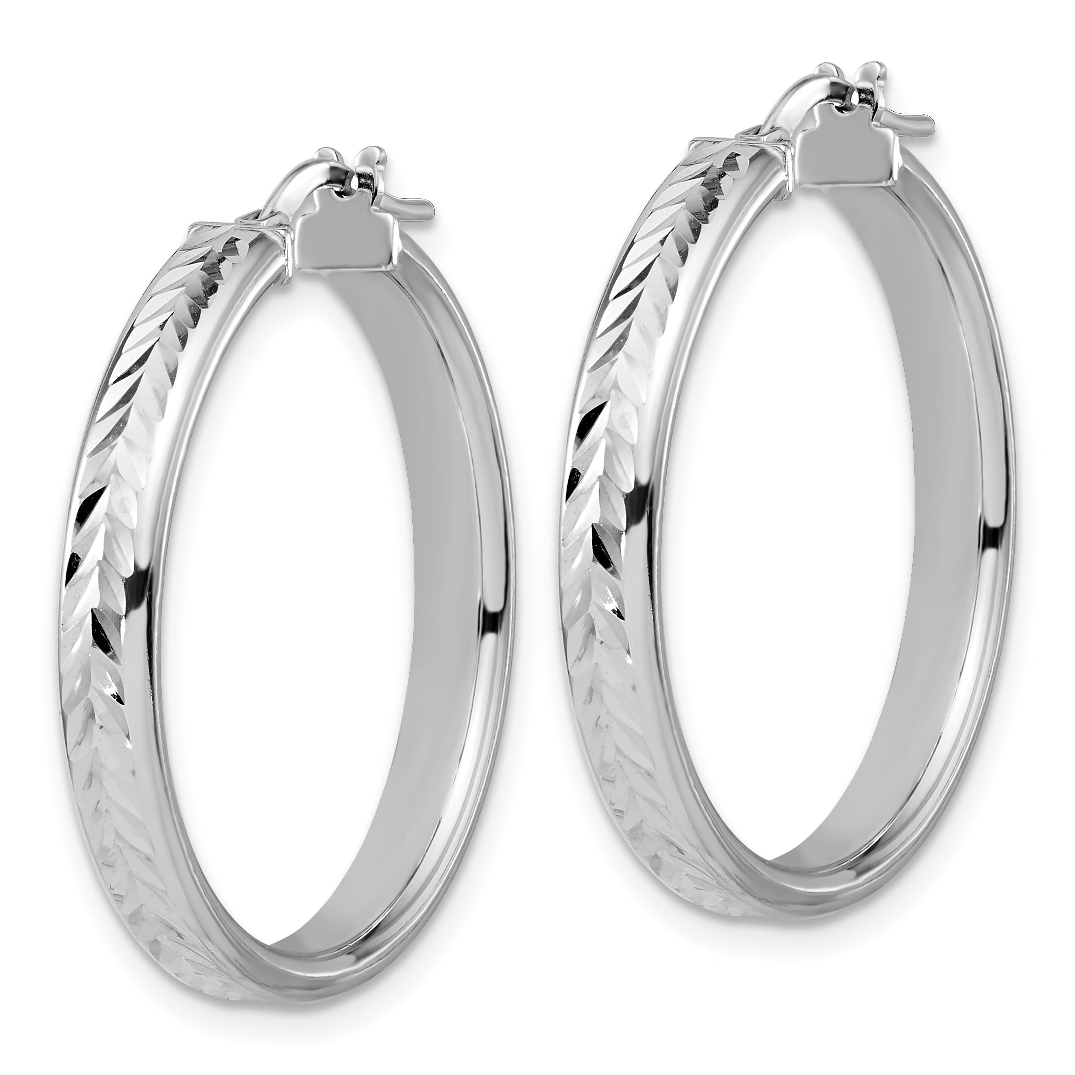 Sterling Silver RH-plat Polish/Dia-cut Round Hoop Earrings Secondary image