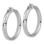 Sterling Silver RH-plat Polish/Dia-cut Round Hoop Earrings