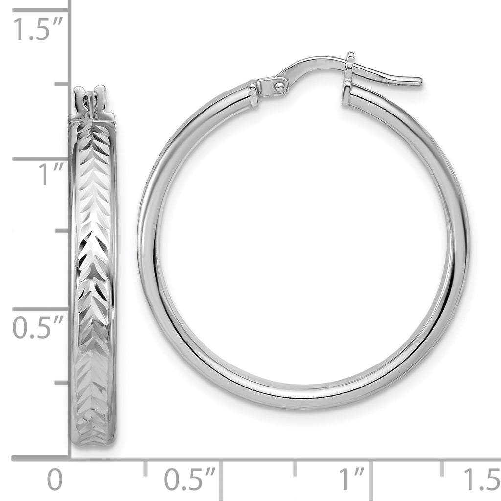 Sterling Silver RH-plat Polish/Dia-cut Round Hoop Earrings