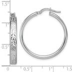 Sterling Silver RH-plat Polish/Dia-cut Round Hoop Earrings
