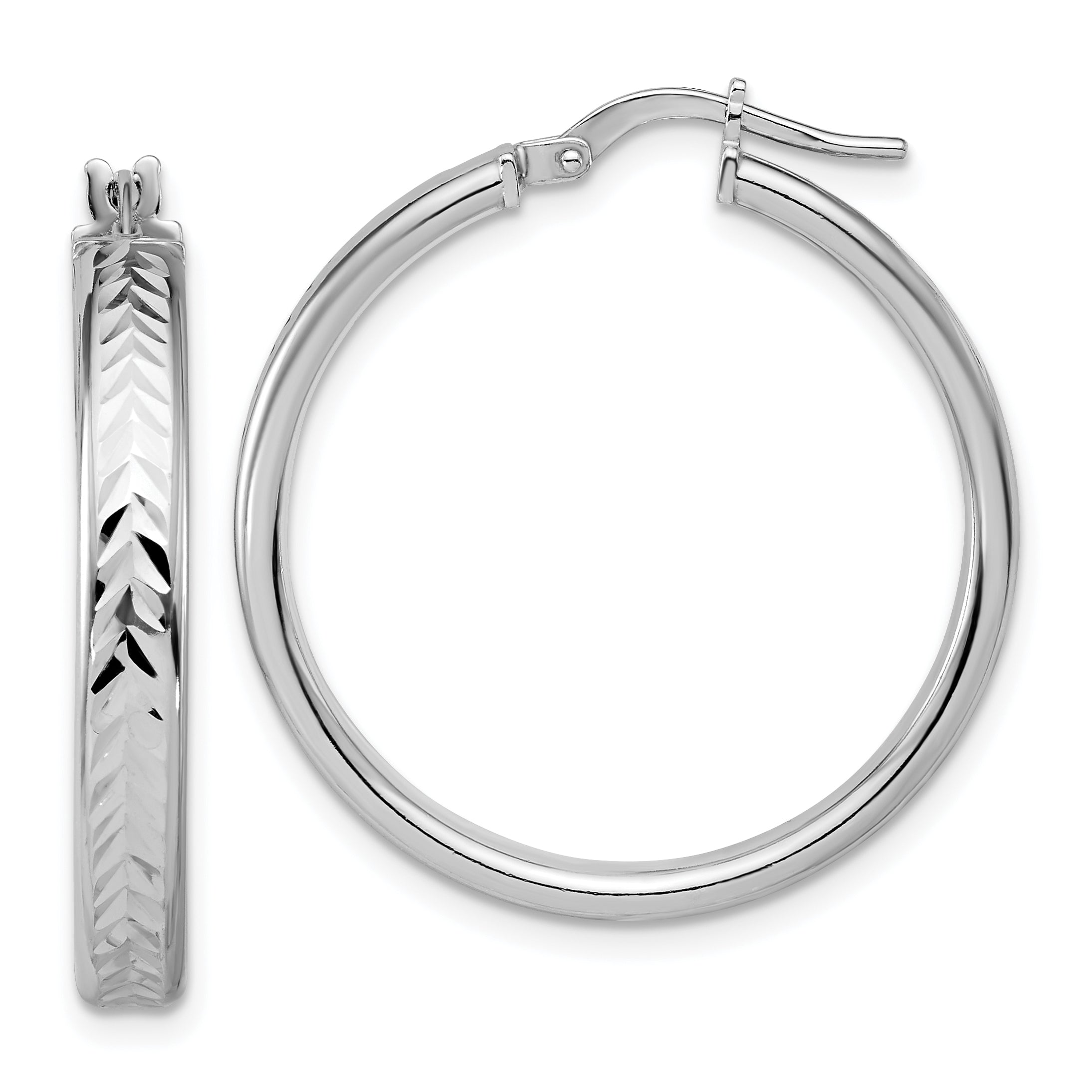 Sterling Silver RH-plat Polish/Dia-cut Round Hoop Earrings Main image