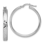 Sterling Silver RH-plat Polish/Dia-cut Round Hoop Earrings