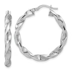 Sterling Silver RH-plat Polish/Textured Twist Hoop Earrings