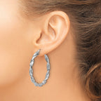 Sterling Silver RH-plat Polish/Textured Twist Hoop Earrings