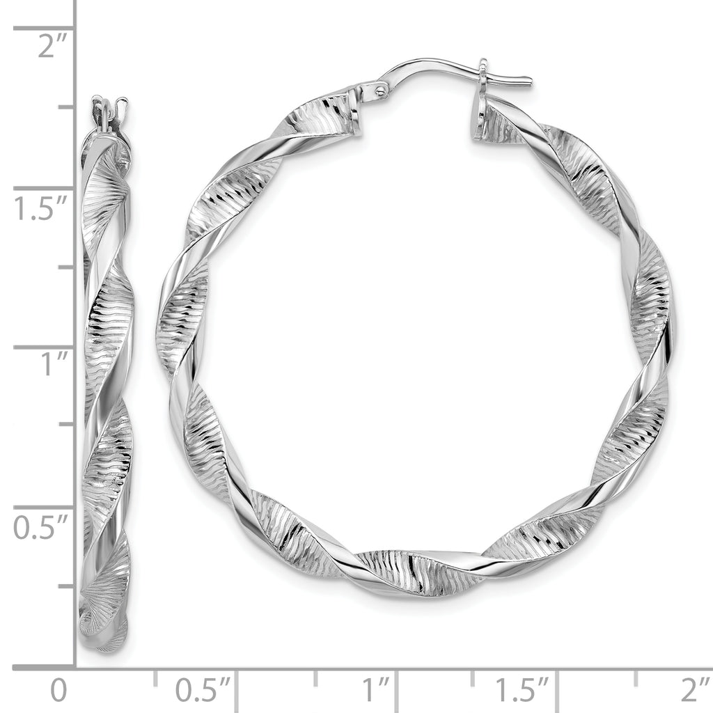 Sterling Silver RH-plat Polish/Textured Twist Hoop Earrings