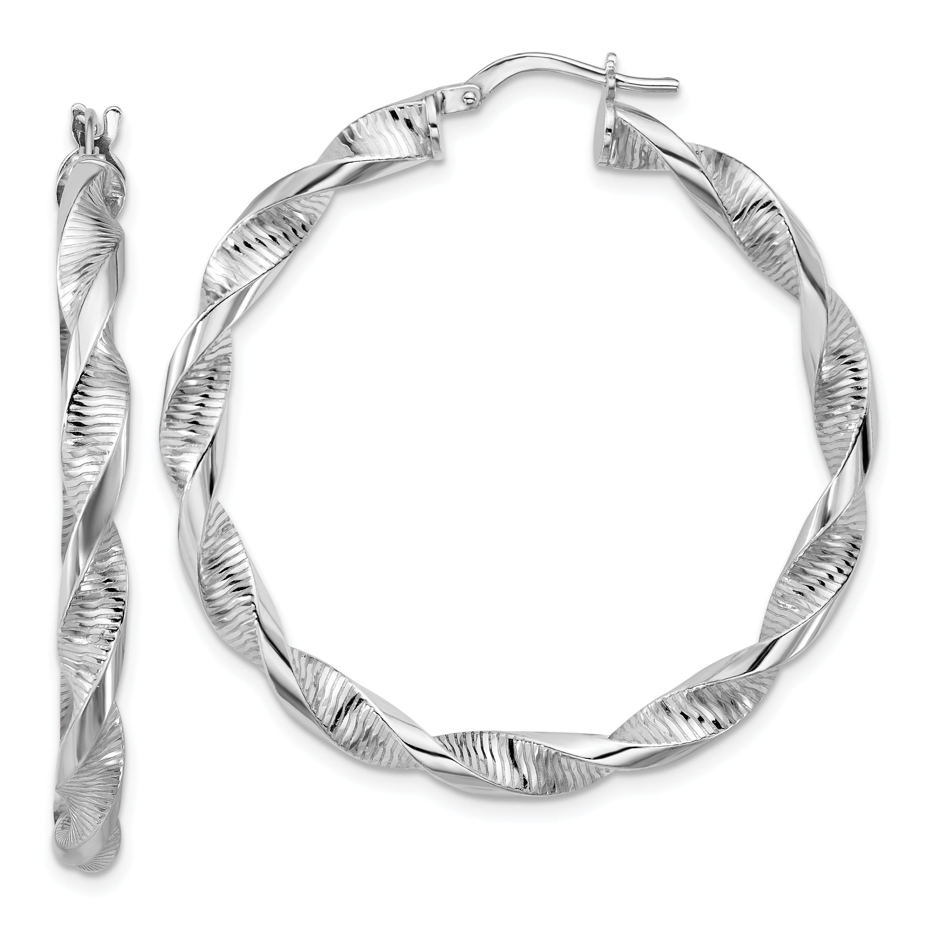 Sterling Silver RH-plat Polish/Textured Twist Hoop Earrings Main image