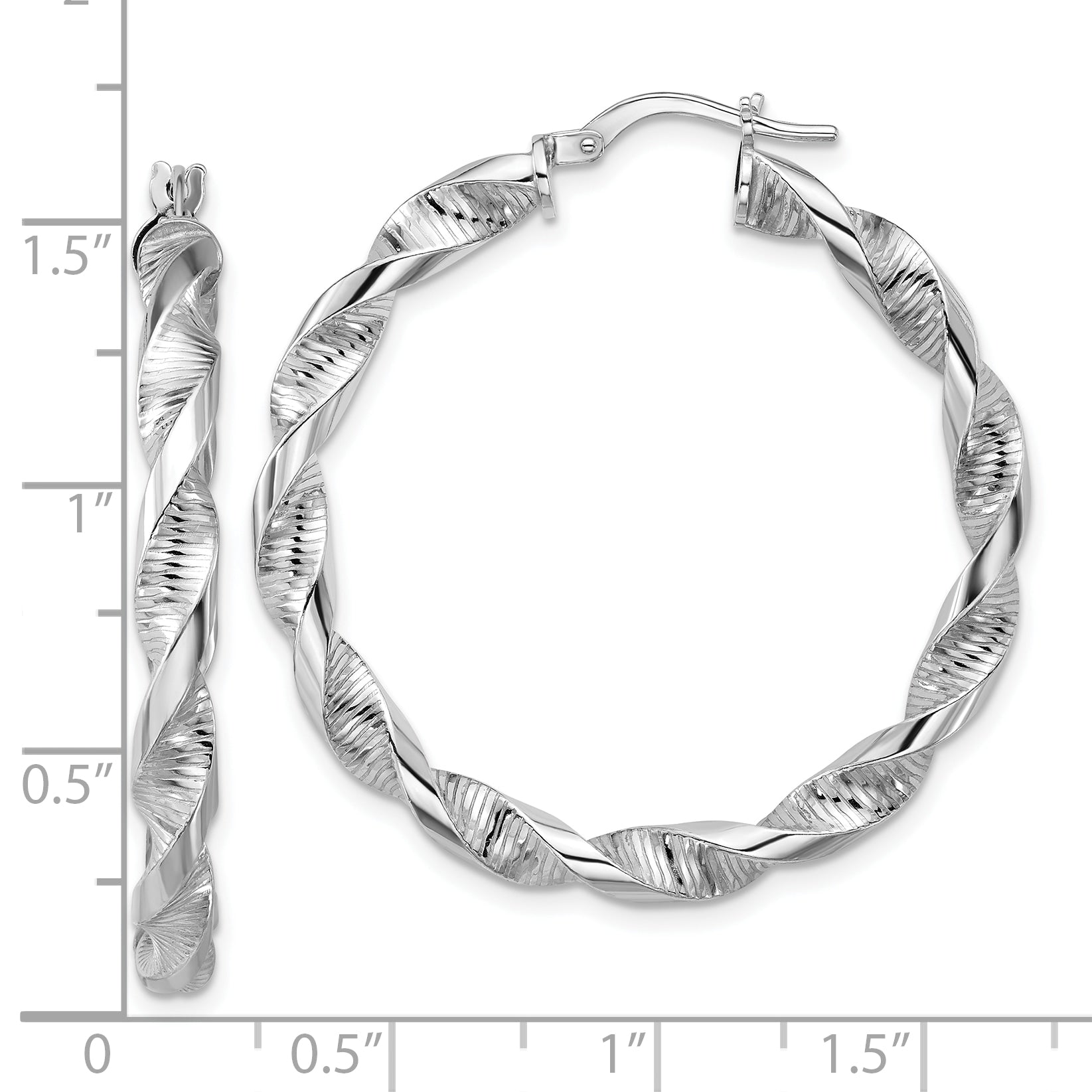 Sterling Silver RH-plat Polish/Textured Twist Hoop Earrings