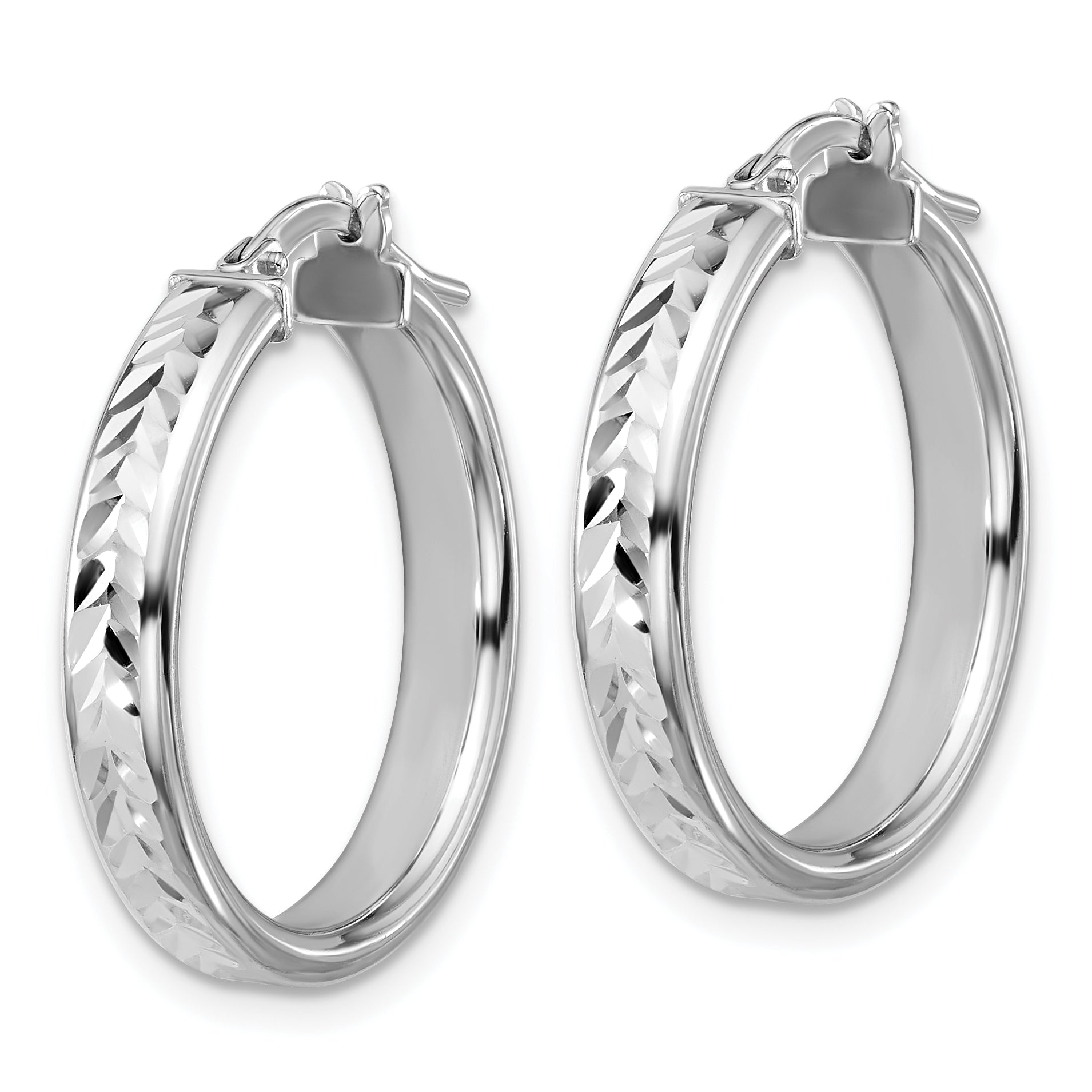 Sterling Silver RH-plat Polish/Dia-cut Round Hoop Earrings Secondary image
