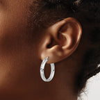 Sterling Silver RH-plat Polish/Dia-cut Round Hoop Earrings