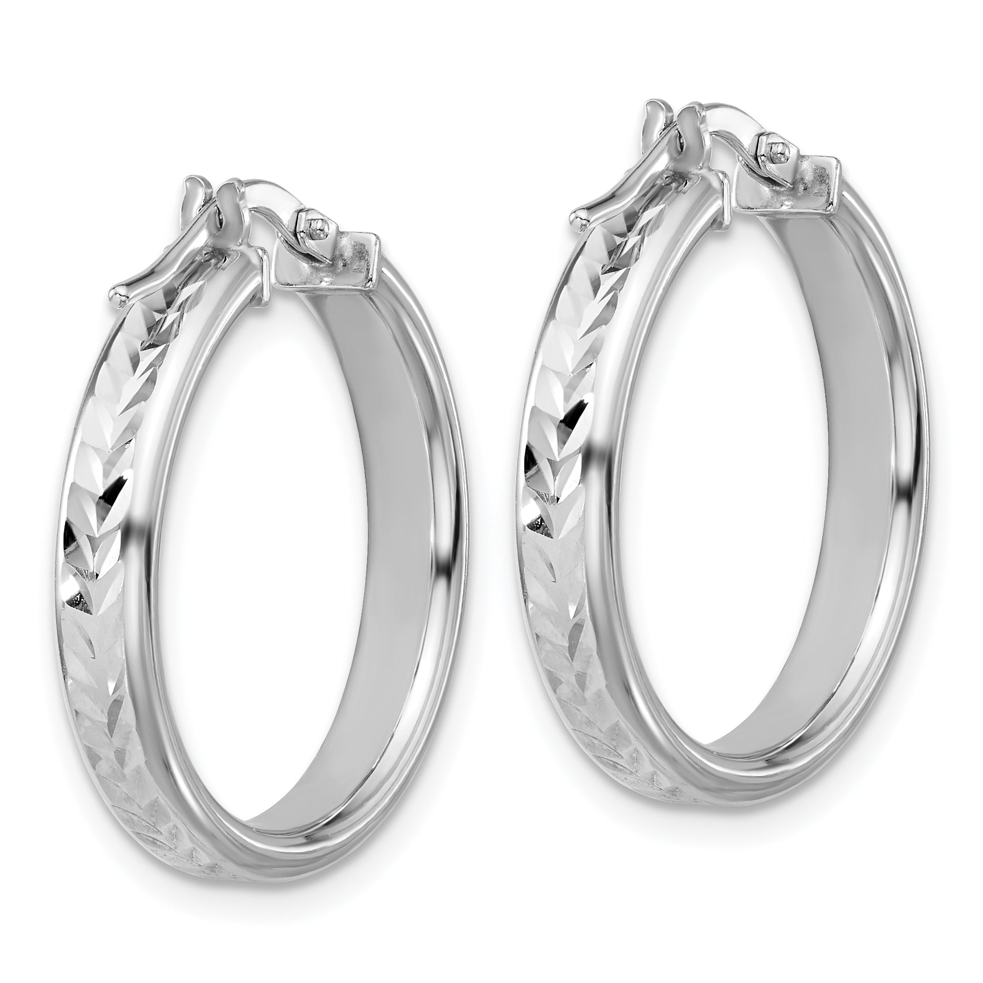 Sterling Silver RH-plat Polish/Dia-cut Round Hoop Earrings