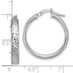 Sterling Silver RH-plat Polish/Dia-cut Round Hoop Earrings