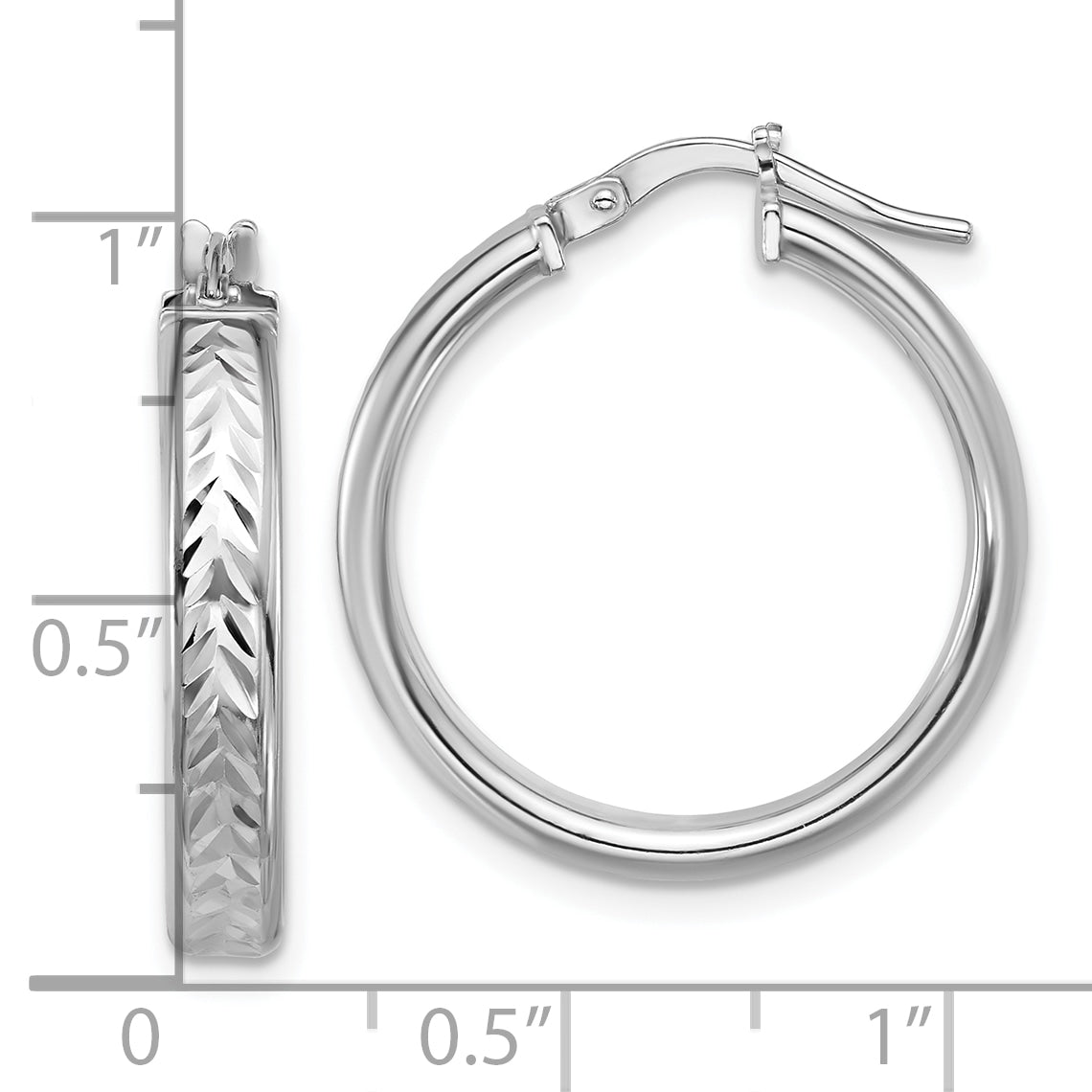 Sterling Silver RH-plat Polish/Dia-cut Round Hoop Earrings