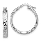 Sterling Silver RH-plat Polish/Dia-cut Round Hoop Earrings