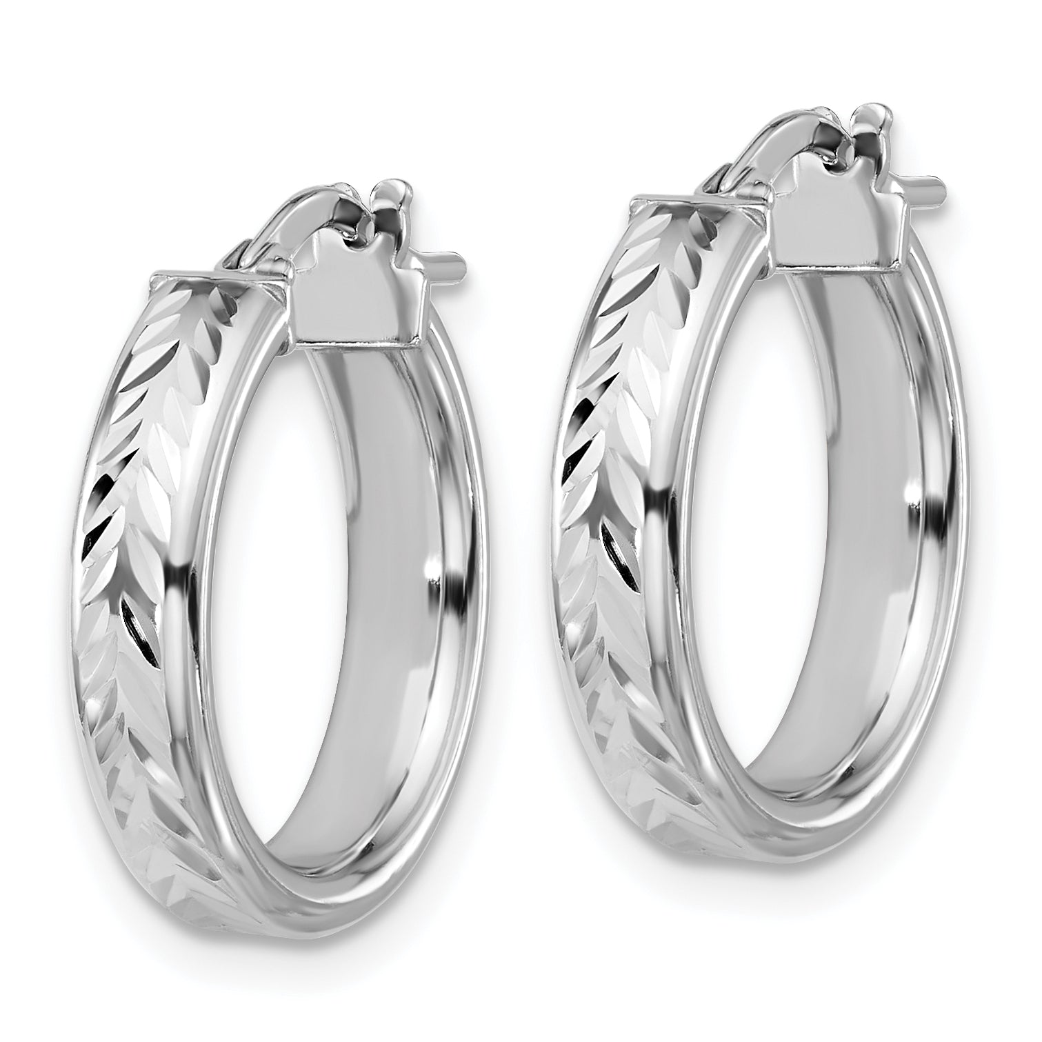 Sterling Silver RH-plat Polish/Dia-cut Round Hoop Earrings