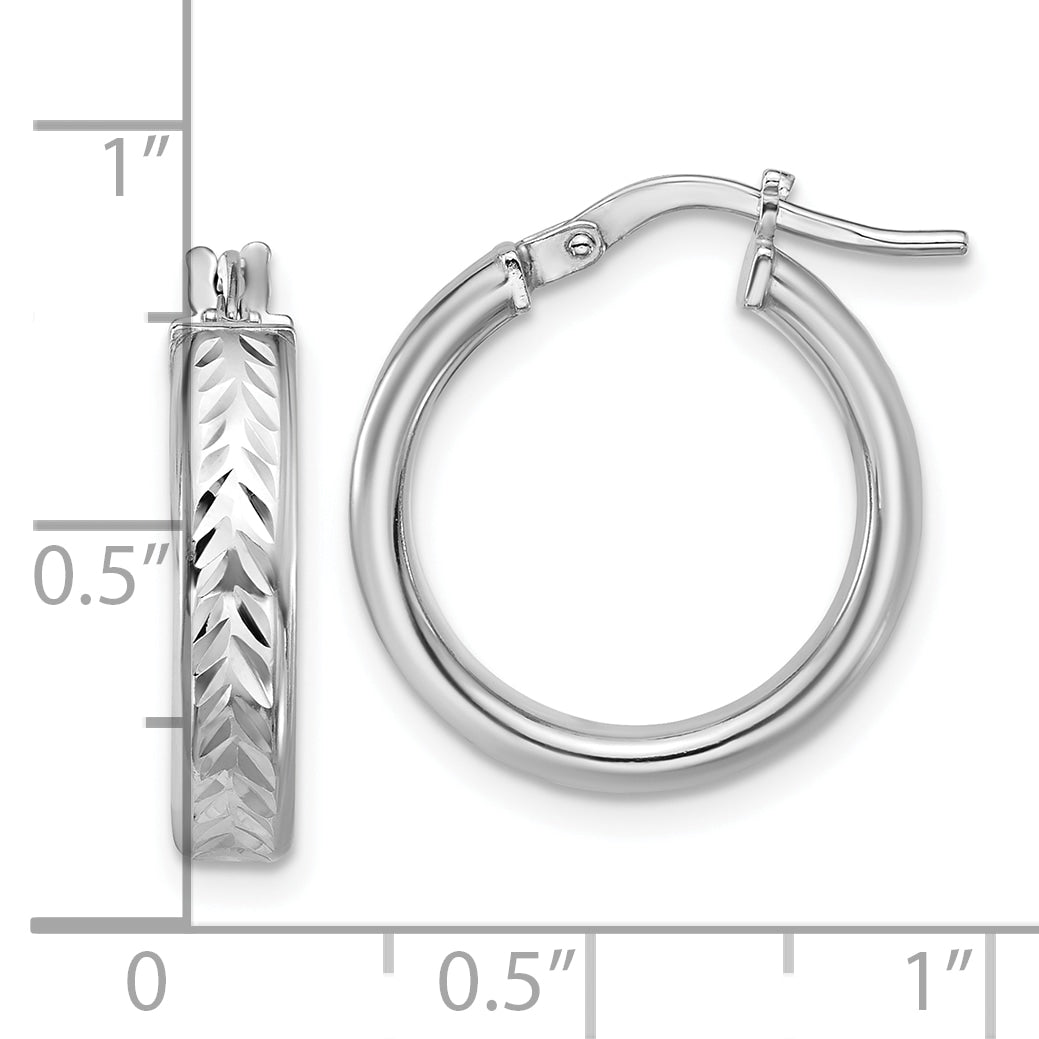 Sterling Silver RH-plat Polish/Dia-cut Round Hoop Earrings