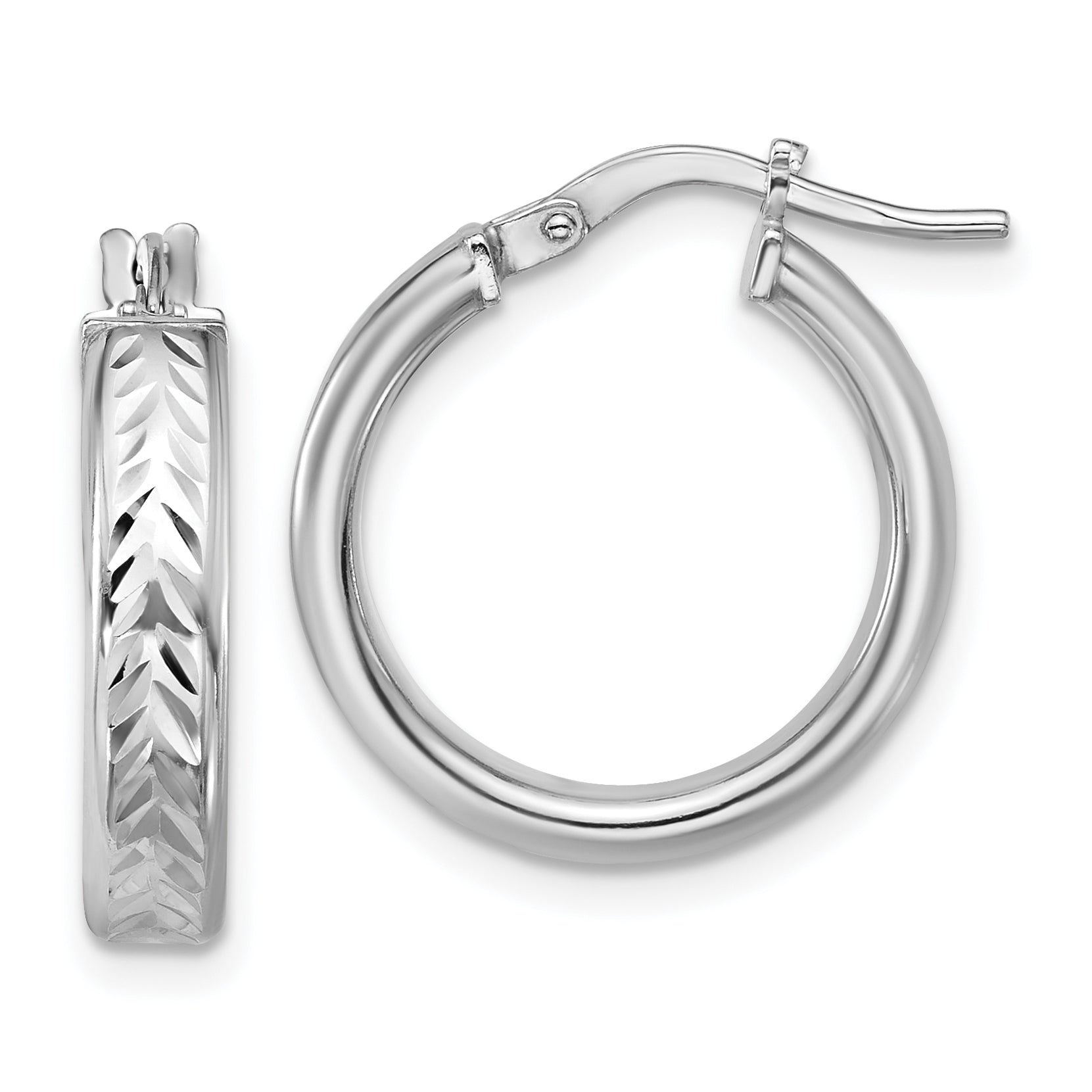 Sterling Silver RH-plat Polish/Dia-cut Round Hoop Earrings Main image