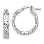 Sterling Silver RH-plat Polish/Dia-cut Round Hoop Earrings