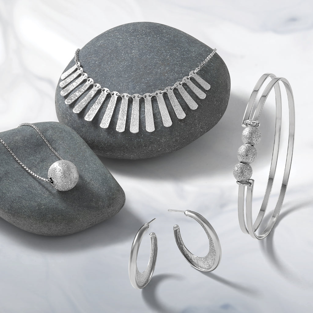 SS RH-plt Radiant Essence Polish/Textured Post J-Hoop Earrings