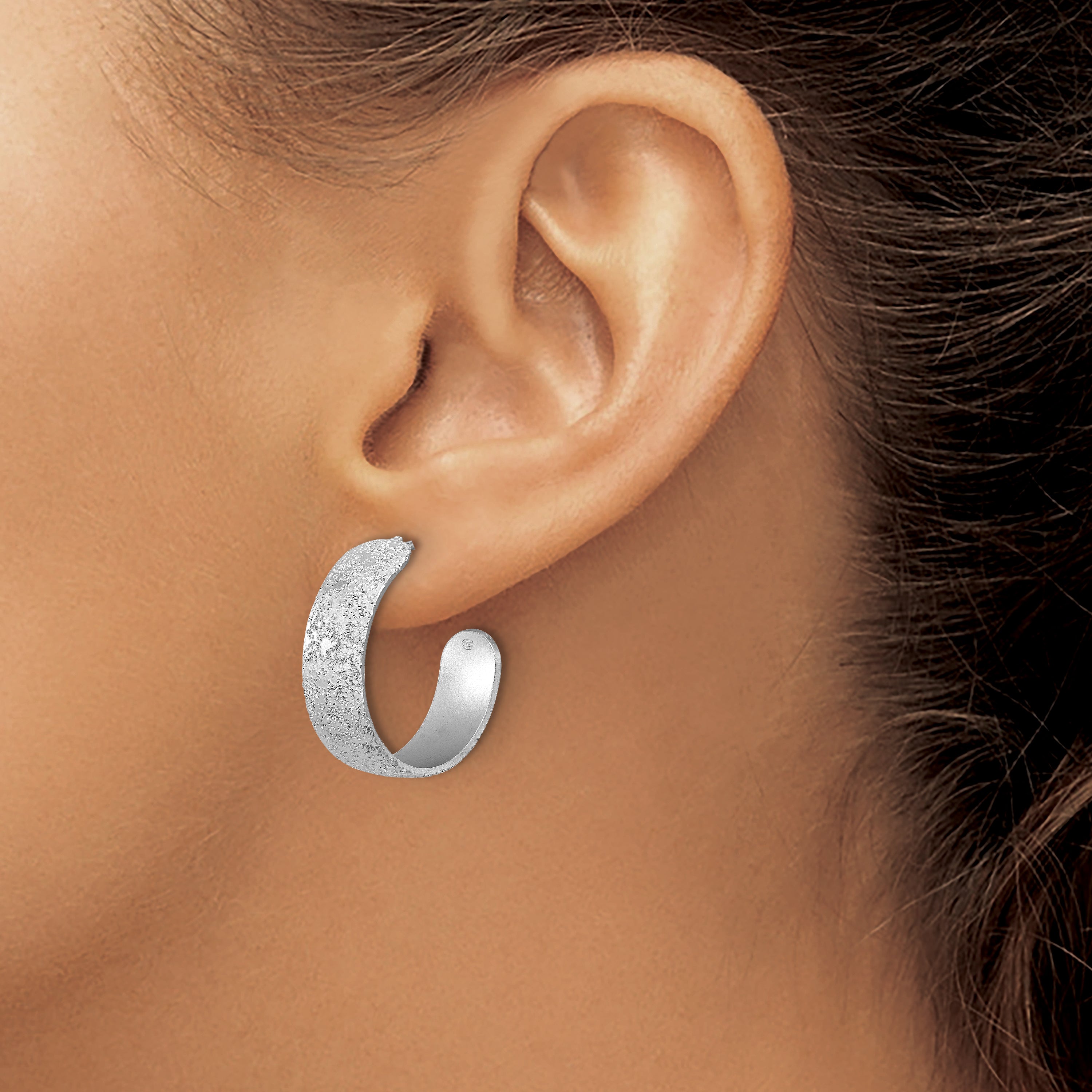 SS RH-plt Radiant Essence Textured 29mm Post J-Hoop Earrings