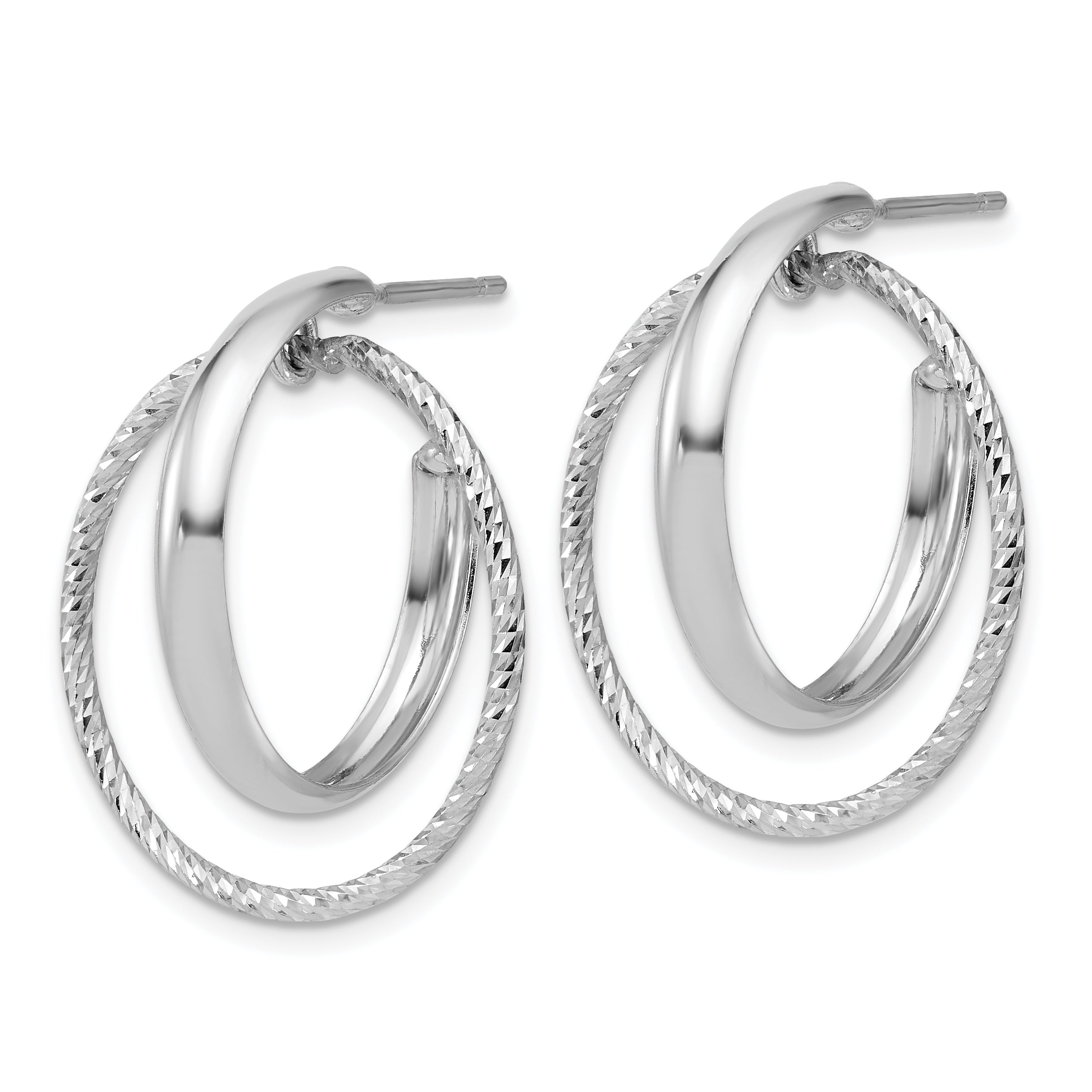 SS RH-plated Polished / Dia-cut Fancy Circles Post J-Hoop Earrings