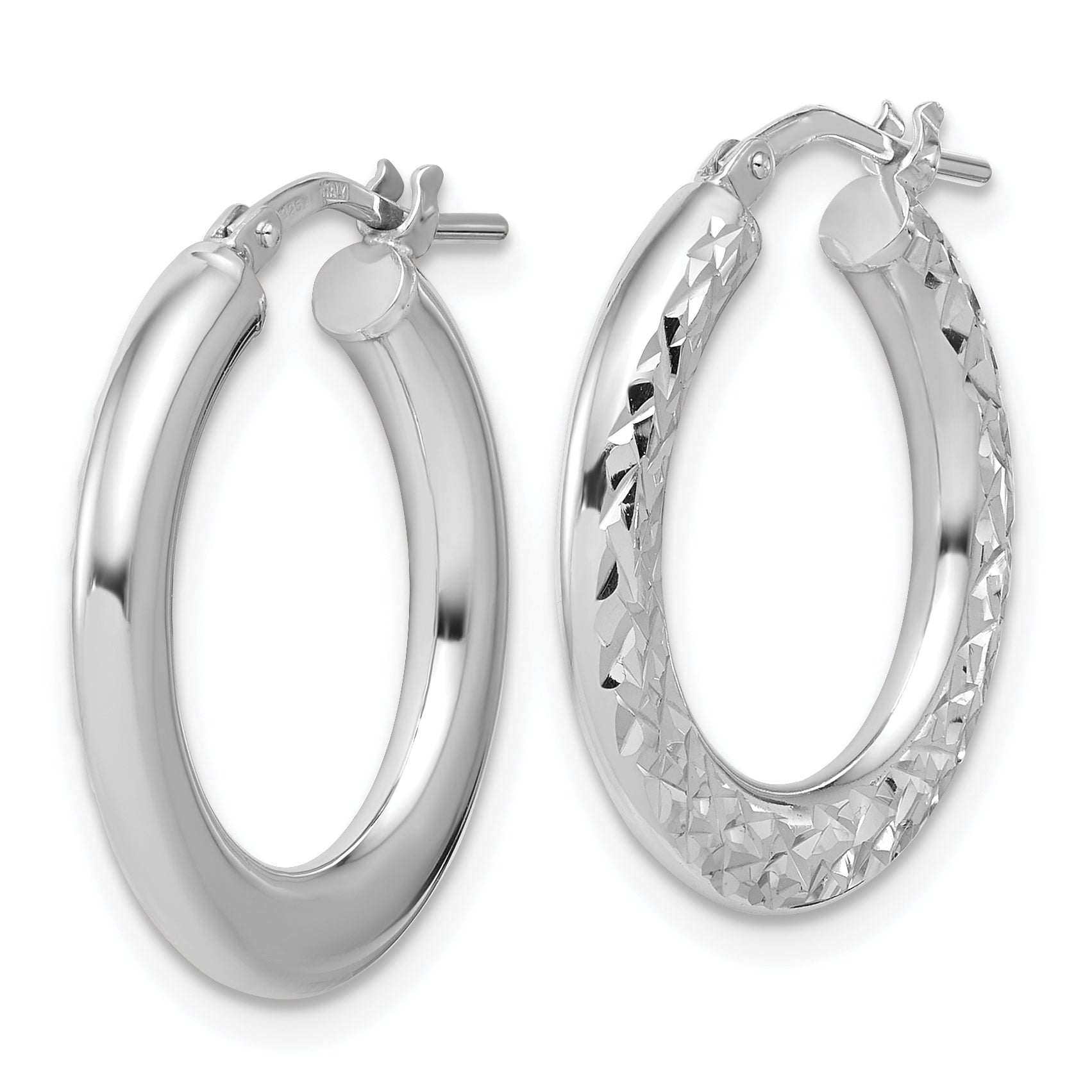 Sterling Silver RH-plated Polished / Dia-cut Hoop Earrings