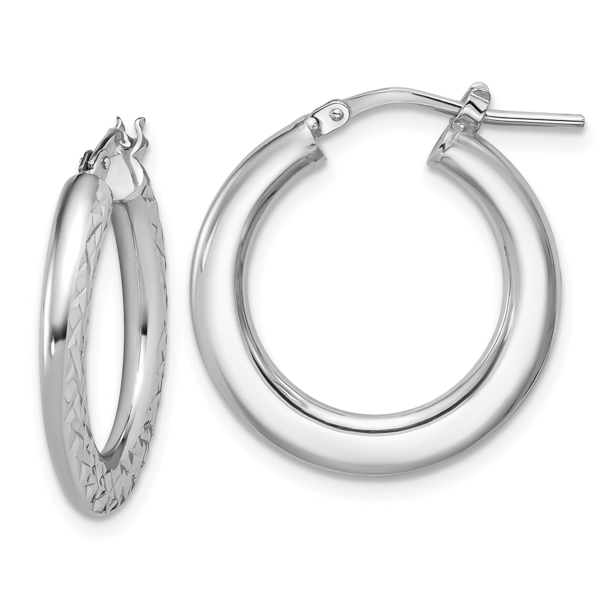 Sterling Silver RH-plated Polished / Dia-cut Hoop Earrings