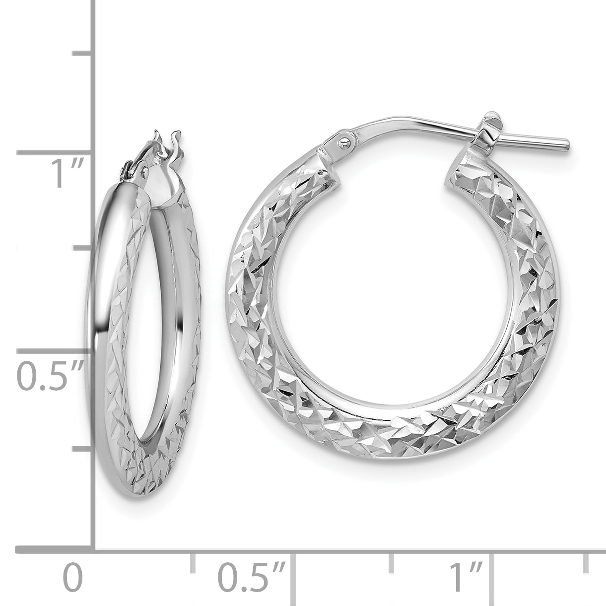 Sterling Silver RH-plated Polished / Dia-cut Hoop Earrings