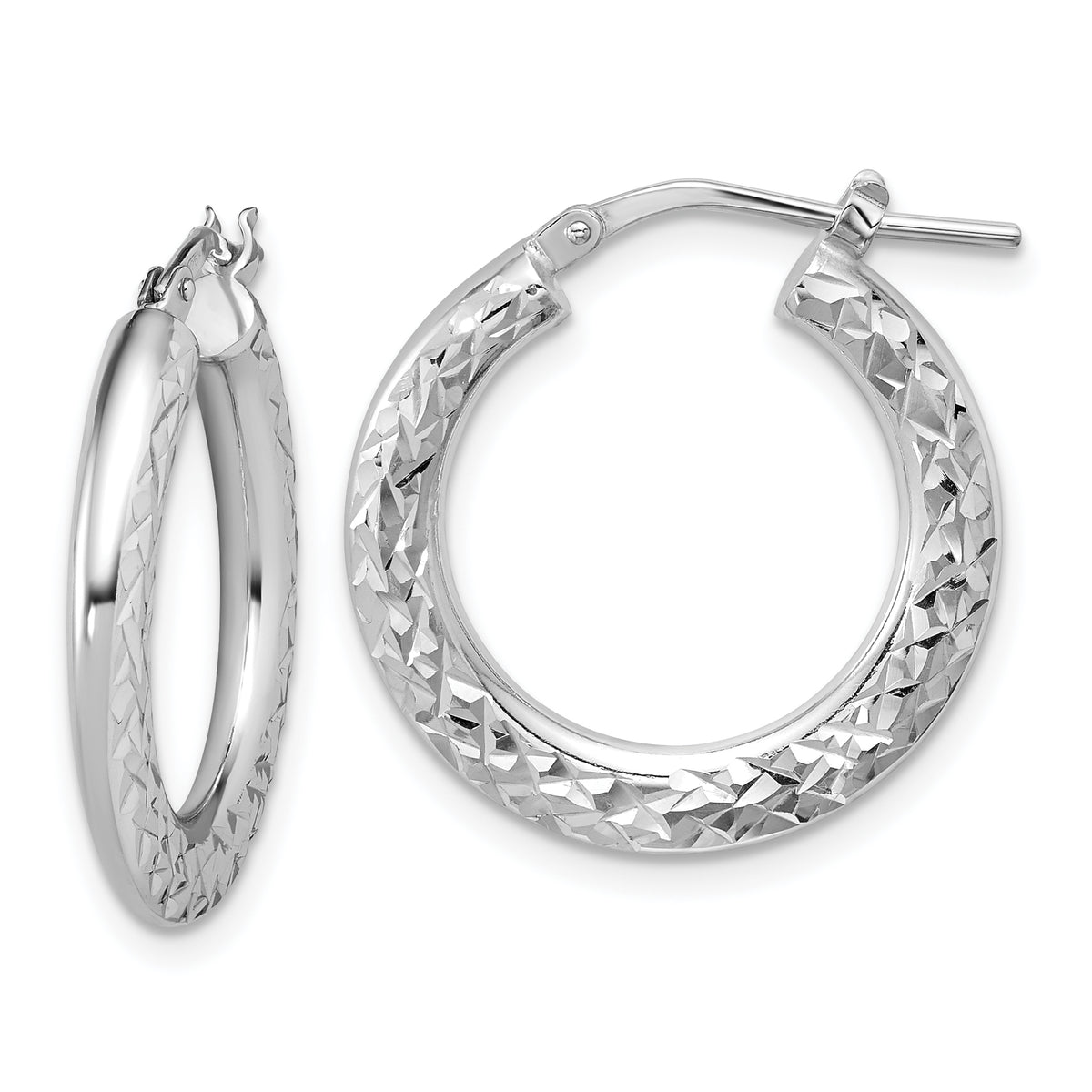 Sterling Silver RH-plated Polished / Dia-cut Hoop Earrings