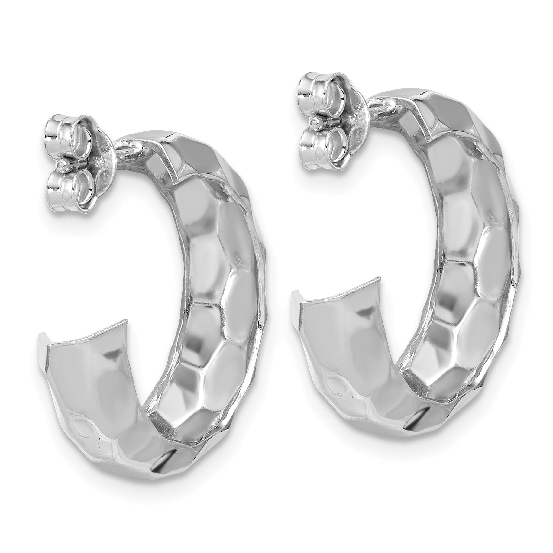 Sterling Silver RH-plat Polish Textured Post J-Hoop Earrings