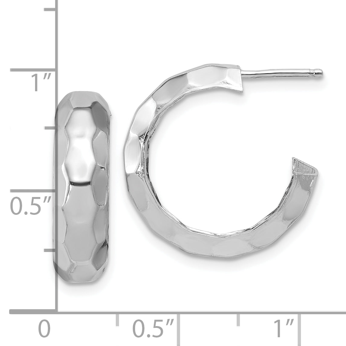 Sterling Silver RH-plat Polish Textured Post J-Hoop Earrings
