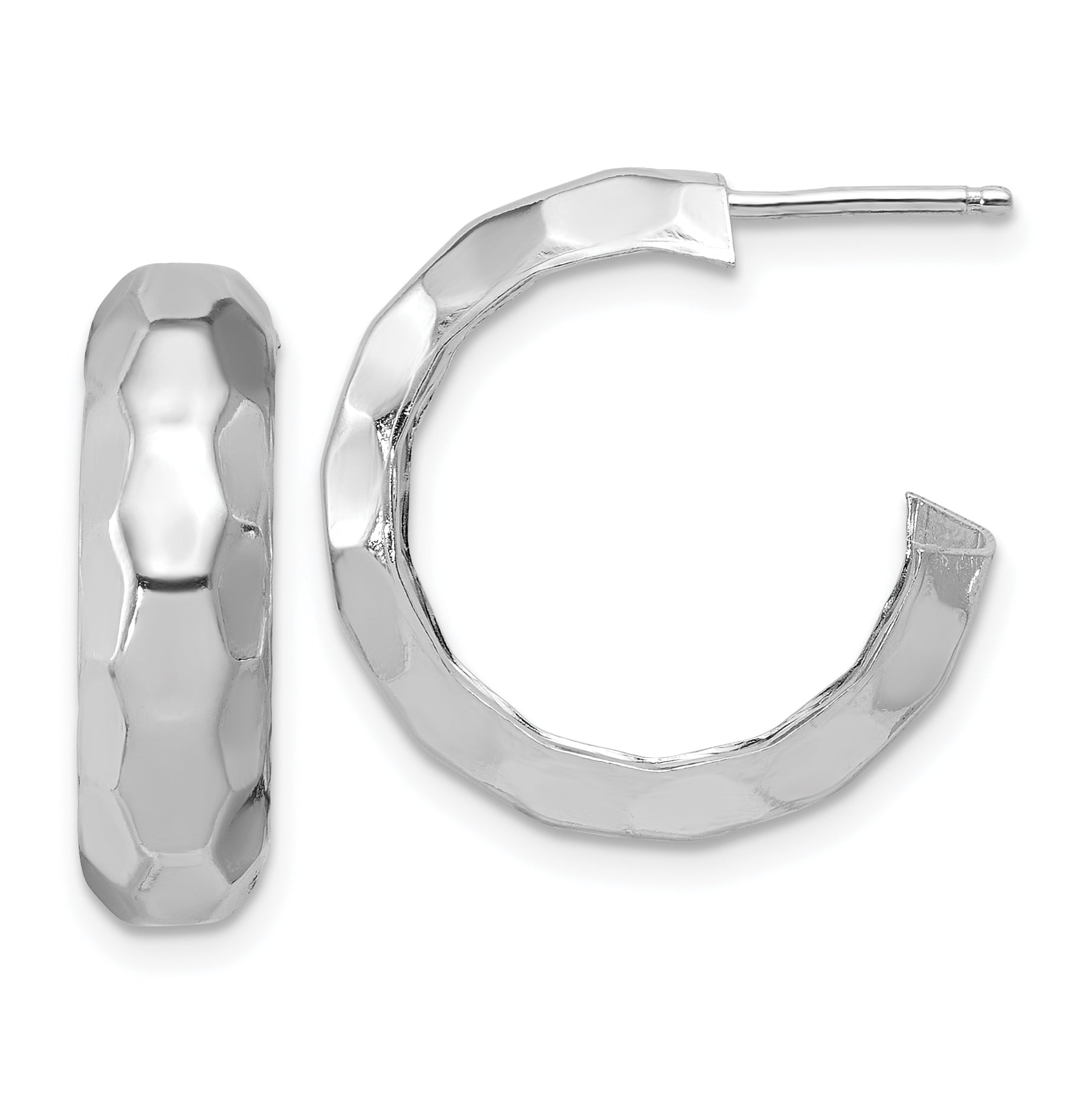 Sterling Silver RH-plat Polish Textured Post J-Hoop Earrings Main image