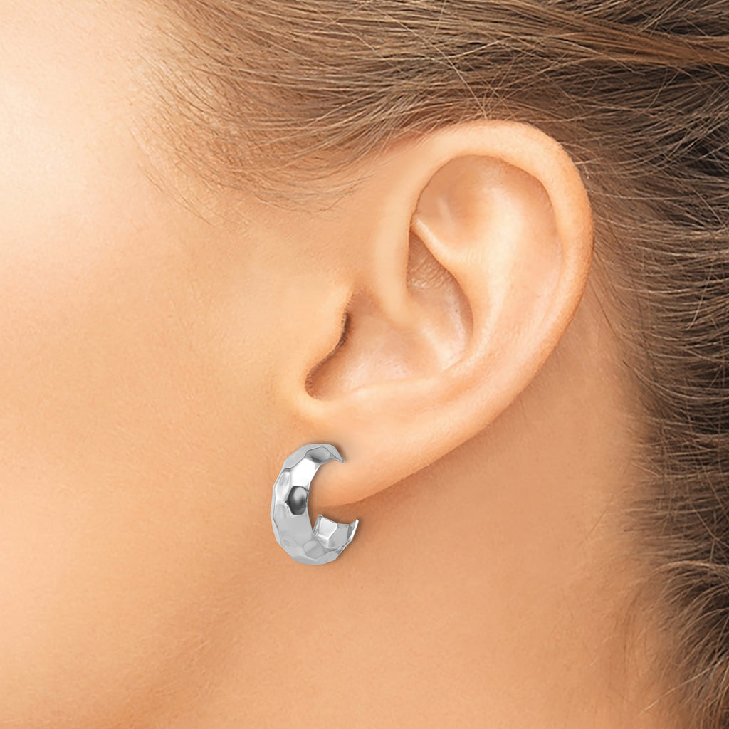 Sterling Silver RH-plat Polish Textured Post J-Hoop Earrings