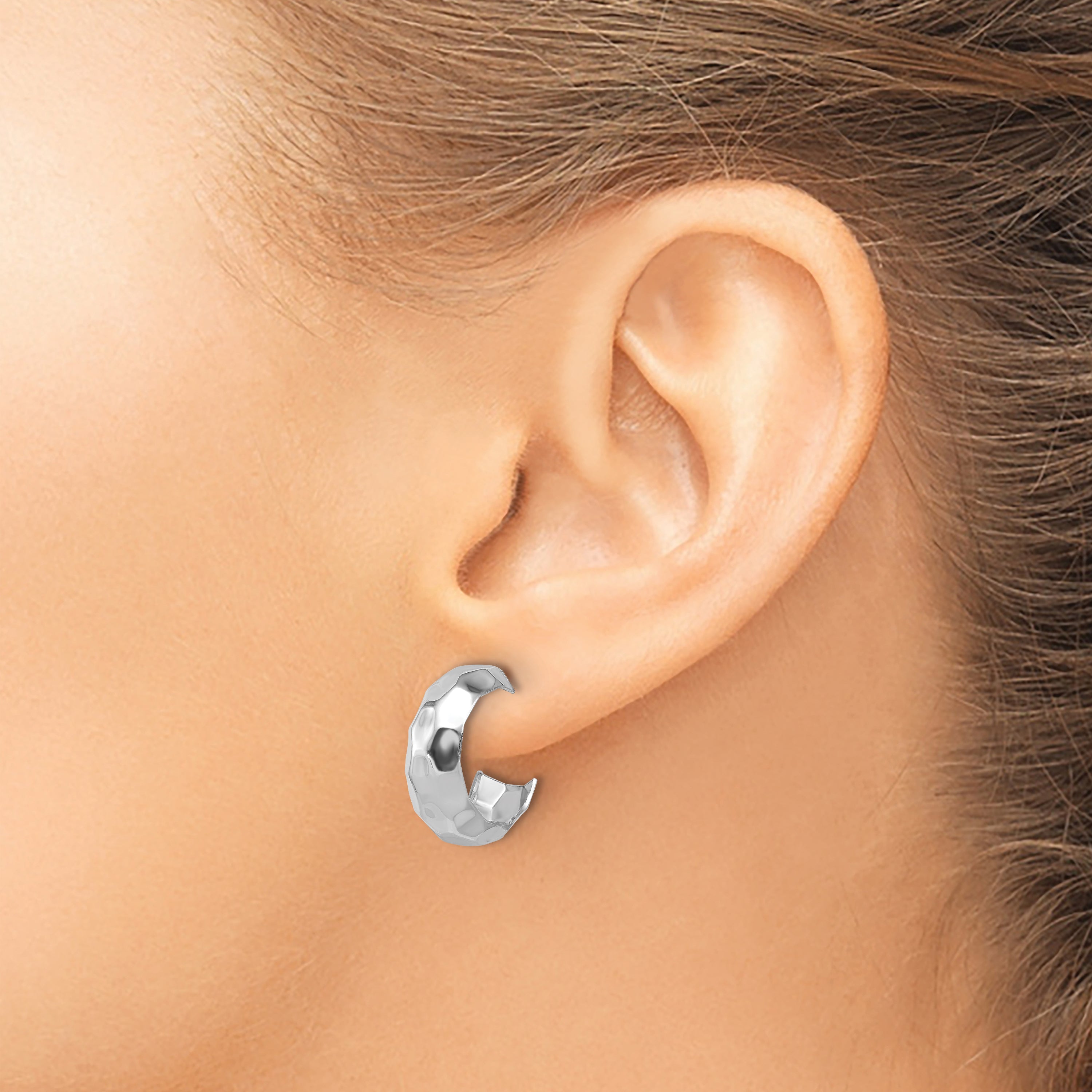 Sterling Silver RH-plat Polish Textured Post J-Hoop Earrings