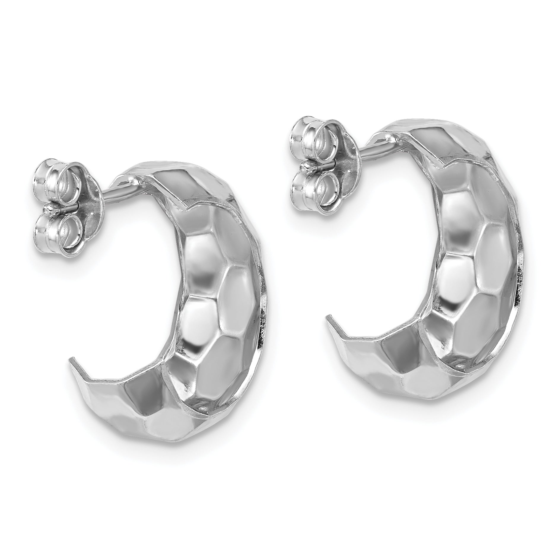 Sterling Silver RH-plat Polish Textured Post J-Hoop Earrings