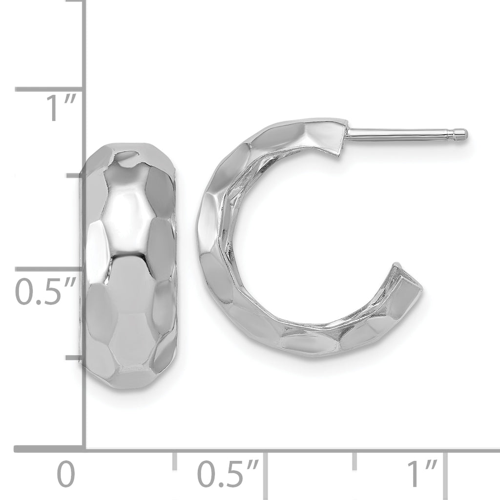 Sterling Silver RH-plat Polish Textured Post J-Hoop Earrings