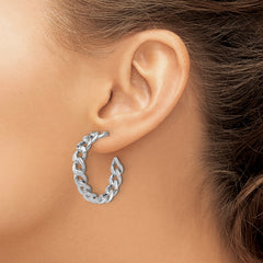 SS RH-pltd Polished 34x6.5mm Curb Link Post C-Hoop Earrings