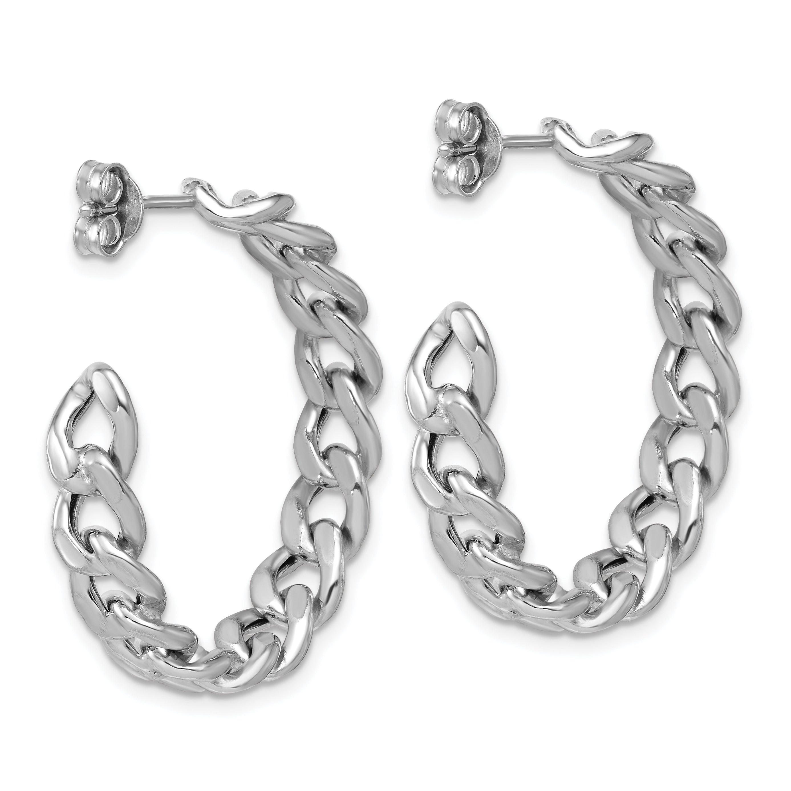 SS RH-pltd Polished 34x6.5mm Curb Link Post C-Hoop Earrings