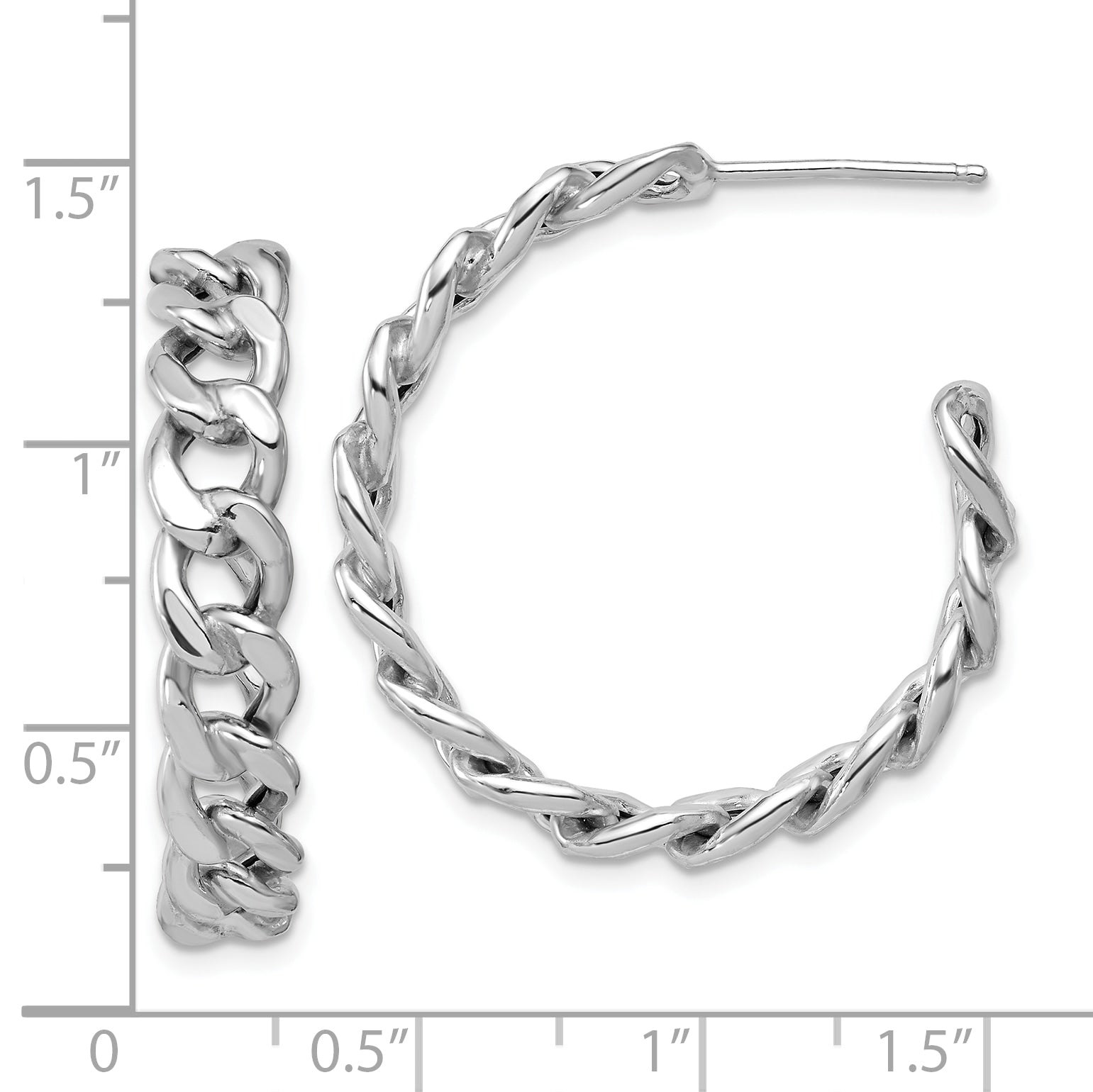 SS RH-pltd Polished 34x6.5mm Curb Link Post C-Hoop Earrings