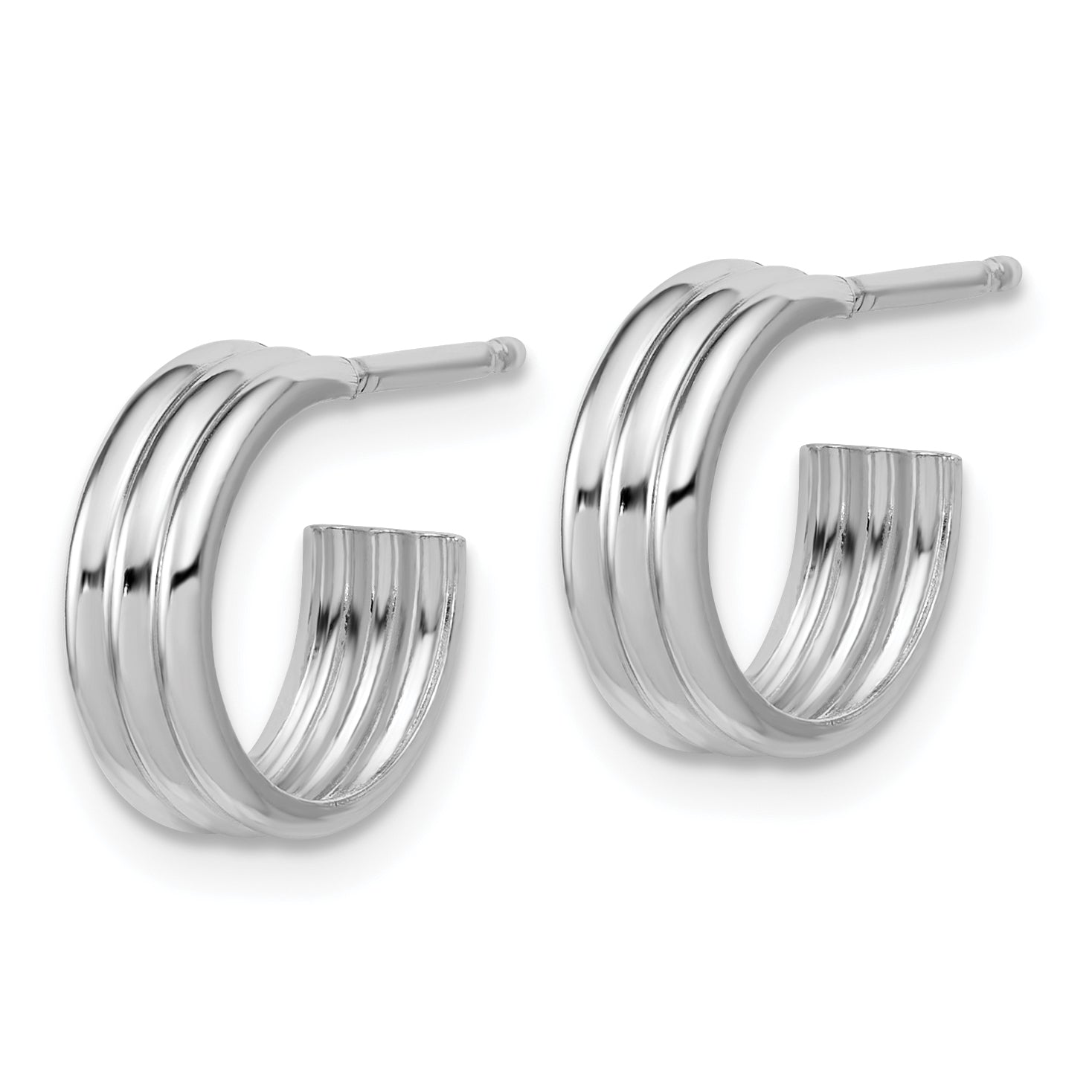 Sterling Silver Rh-Plated Polished Grooved J-Hoop Post Earrings