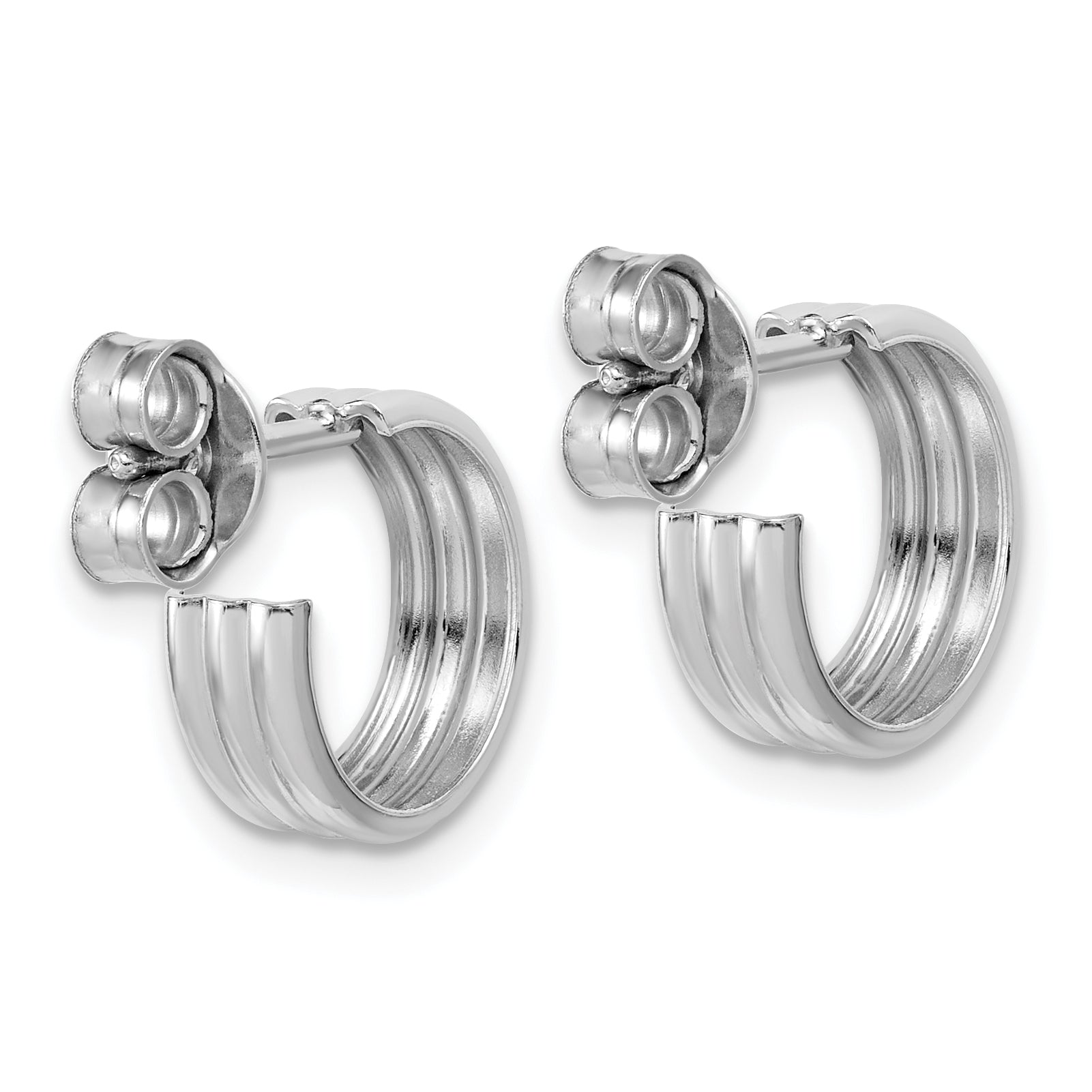 Sterling Silver Rh-Plated Polished Grooved J-Hoop Post Earrings