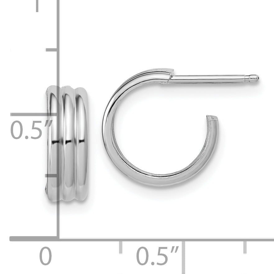 Sterling Silver Rh-Plated Polished Grooved J-Hoop Post Earrings