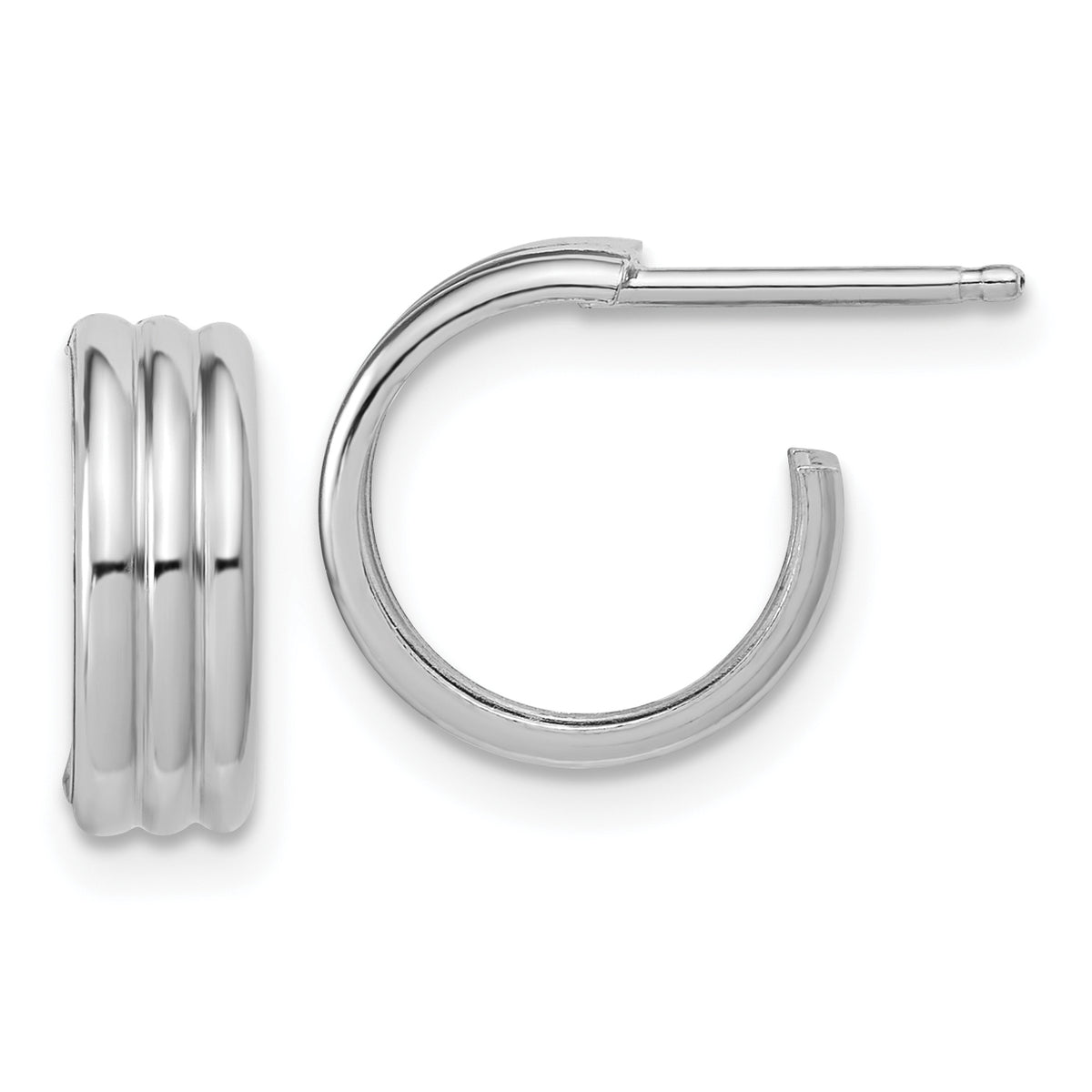 Sterling Silver Rh-Plated Polished Grooved J-Hoop Post Earrings