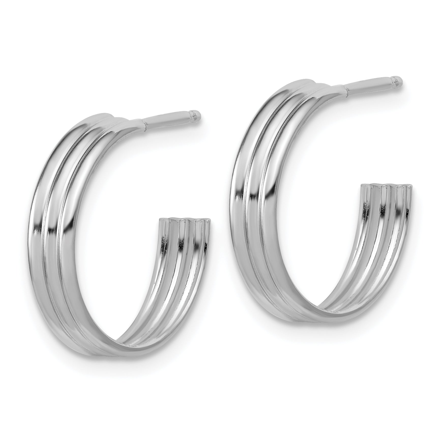 Sterling Silver Rh-Plated Polished Grooved J-Hoop Post Earrings