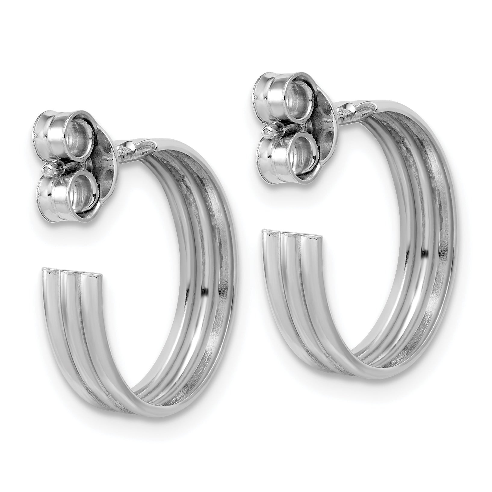 Sterling Silver Rh-Plated Polished Grooved J-Hoop Post Earrings