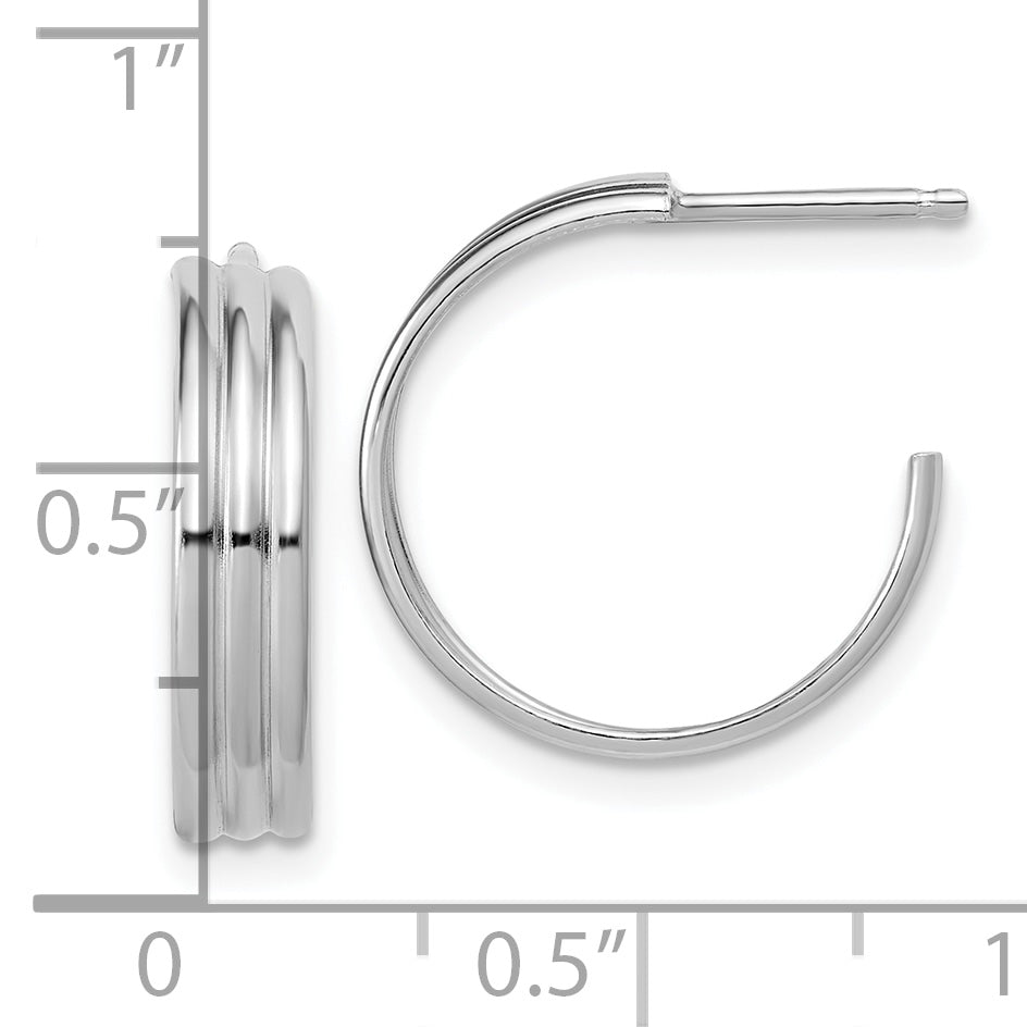 Sterling Silver Rh-Plated Polished Grooved J-Hoop Post Earrings
