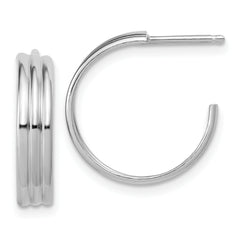 Sterling Silver Rh-Plated Polished Grooved J-Hoop Post Earrings