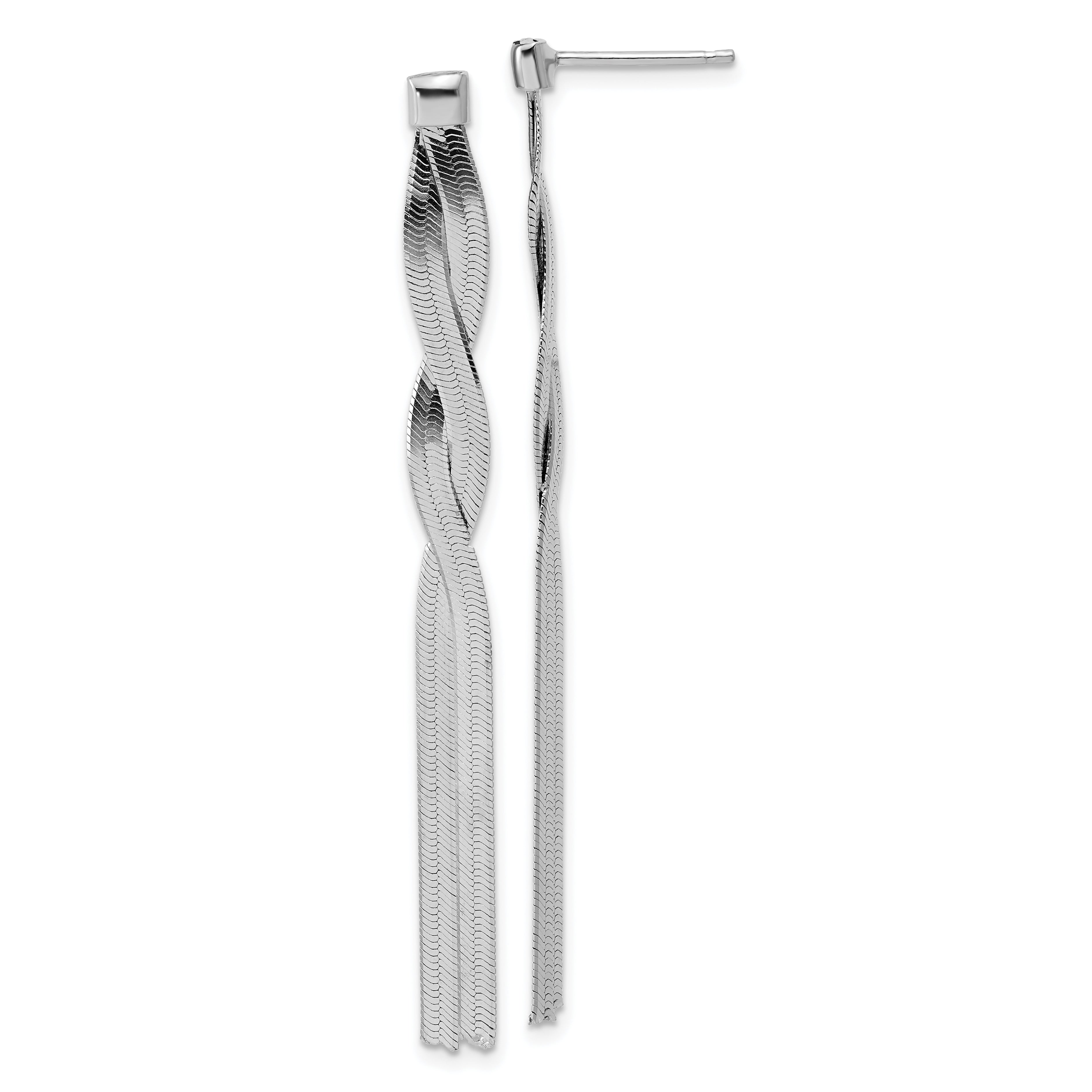 Sterling Silver Rh-Plat Herringbone 2-strand Dangle Post Earrings