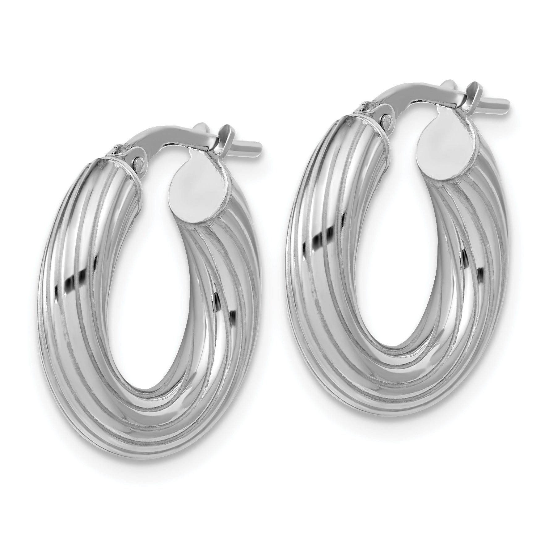 Sterling Silver Rh-Plated Polished Grooved Hoop Earrings